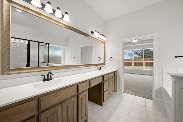 bathroom with a bathing tub and vanity