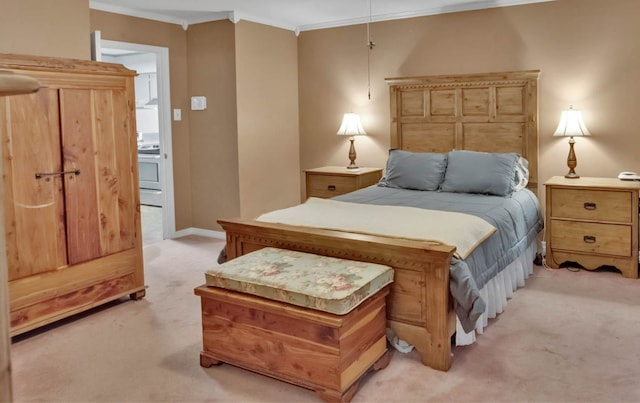 bedroom featuring ornamental molding and light carpet