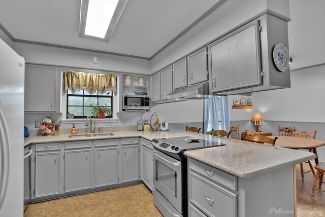 kitchen featuring gray cabinets, kitchen peninsula, sink, and appliances with stainless steel finishes