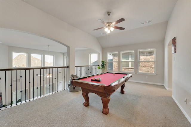 recreation room featuring ceiling fan, plenty of natural light, vaulted ceiling, and pool table