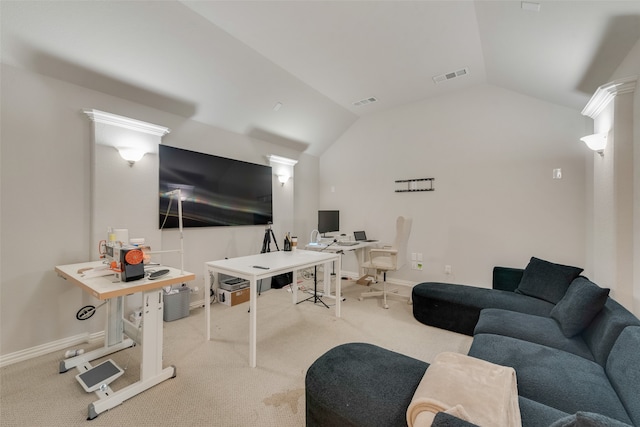 living room with lofted ceiling and light carpet