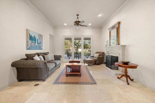 living room featuring ornamental molding and ceiling fan