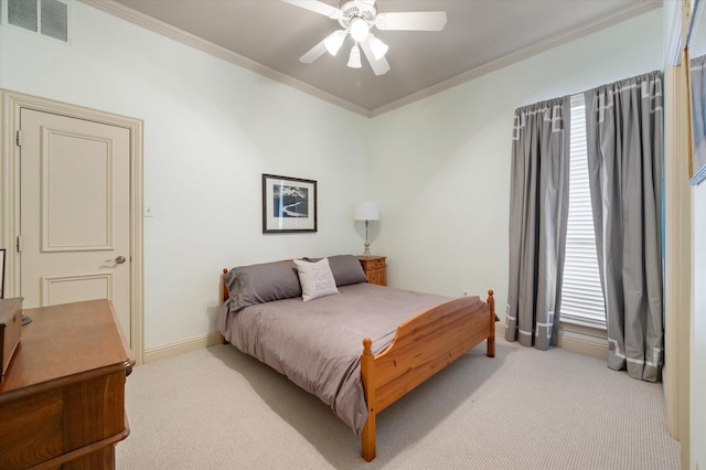 bedroom featuring light carpet, ceiling fan, and ornamental molding