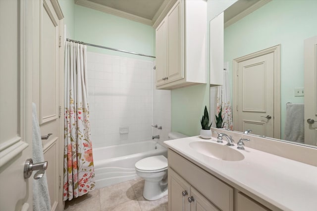 full bathroom featuring shower / bath combination with curtain, toilet, tile patterned floors, vanity, and ornamental molding