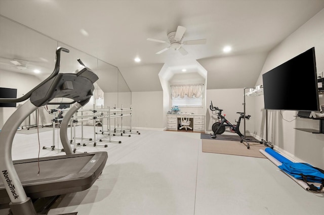 workout room featuring ceiling fan and vaulted ceiling