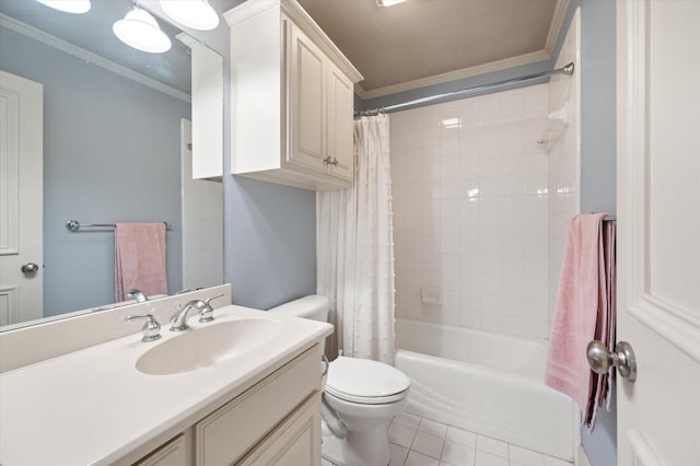 full bathroom with toilet, tile patterned flooring, shower / tub combo with curtain, and crown molding