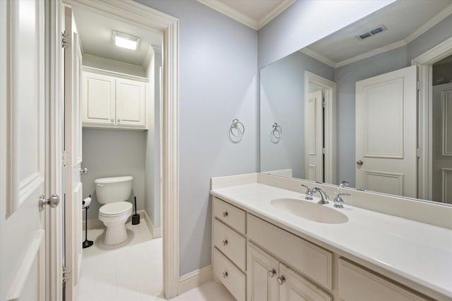 bathroom featuring toilet, vanity, tile patterned floors, and ornamental molding