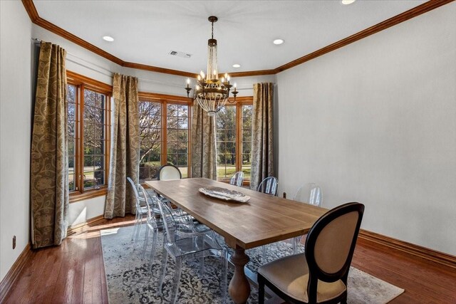 362 Woodland Hills Dr, Sherman, TX 75092 - dining space featuring a chandelier, baseboards, wood finished floors, recessed lighting, and ornamental molding