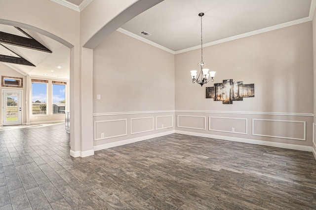 unfurnished room with ornamental molding, dark wood-type flooring, and beam ceiling