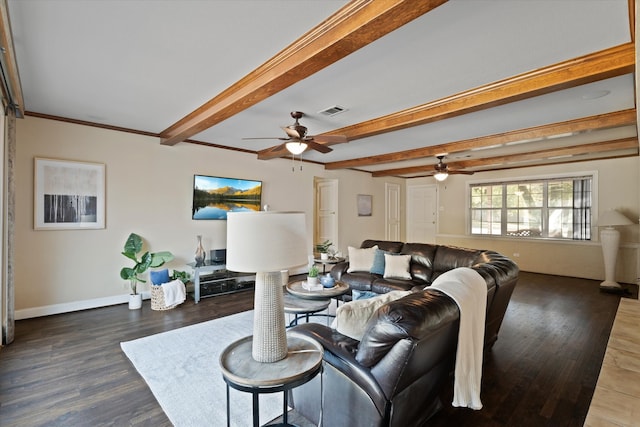 living room with beamed ceiling, dark hardwood / wood-style floors, ceiling fan, and crown molding