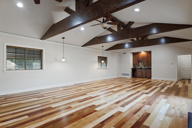 unfurnished living room with ceiling fan, beam ceiling, high vaulted ceiling, and light hardwood / wood-style flooring