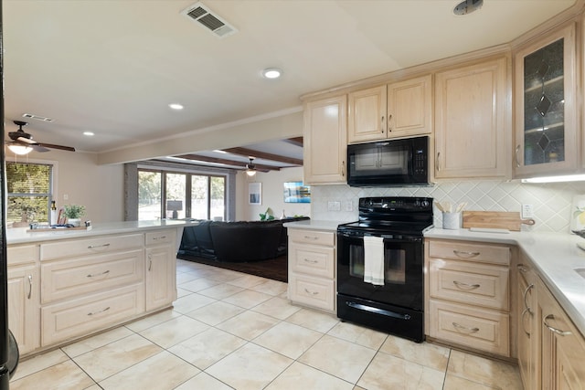 kitchen with ceiling fan, tasteful backsplash, beamed ceiling, light tile patterned floors, and black appliances