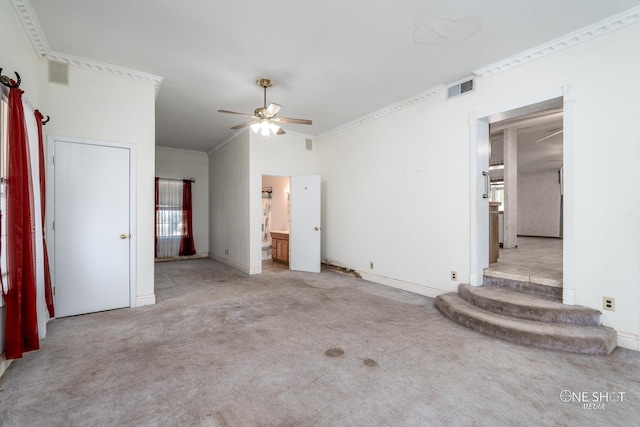 unfurnished bedroom with ceiling fan, crown molding, and light carpet