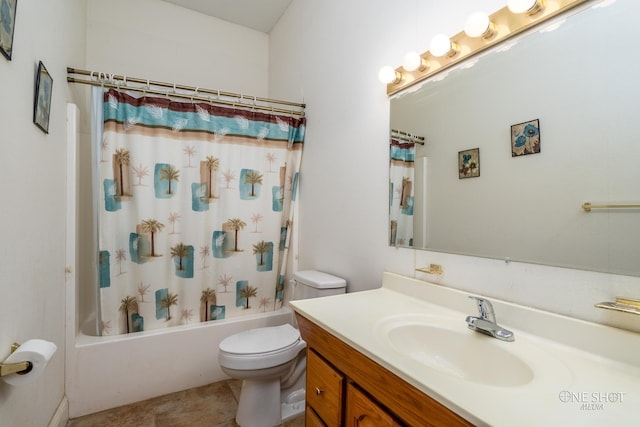 full bathroom with vanity, toilet, and shower / bath combo with shower curtain