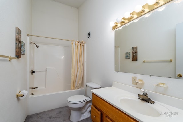 full bathroom featuring vanity, shower / bath combination with curtain, and toilet