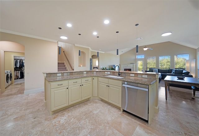 kitchen with dishwasher, decorative light fixtures, light stone counters, and an island with sink