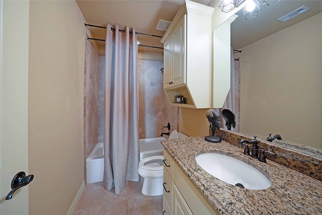 full bathroom featuring tile patterned floors, shower / bath combo, toilet, and vanity