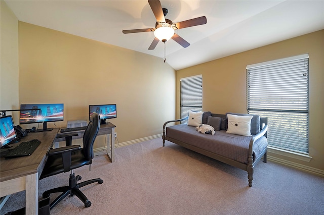 bedroom featuring ceiling fan, light colored carpet, and lofted ceiling