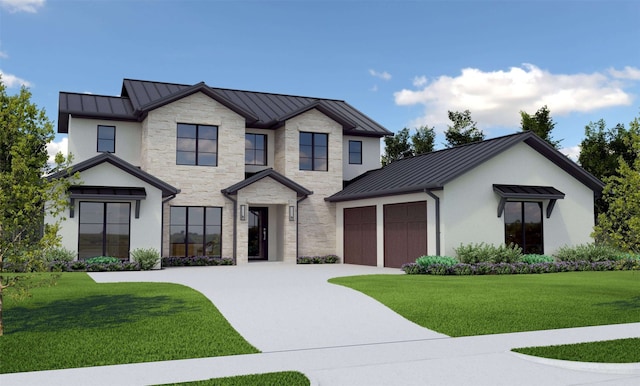 view of front of house with a front yard and a garage