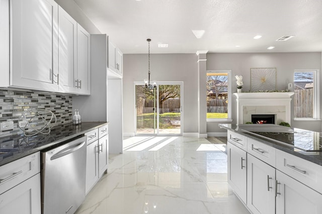 kitchen with visible vents, a premium fireplace, marble finish floor, stainless steel dishwasher, and tasteful backsplash