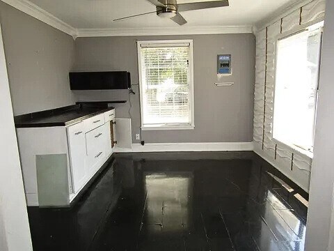 kitchen featuring white cabinets, ceiling fan, and crown molding