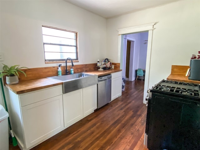 kitchen with black gas range, white cabinetry, dishwasher, sink, and dark wood-type flooring