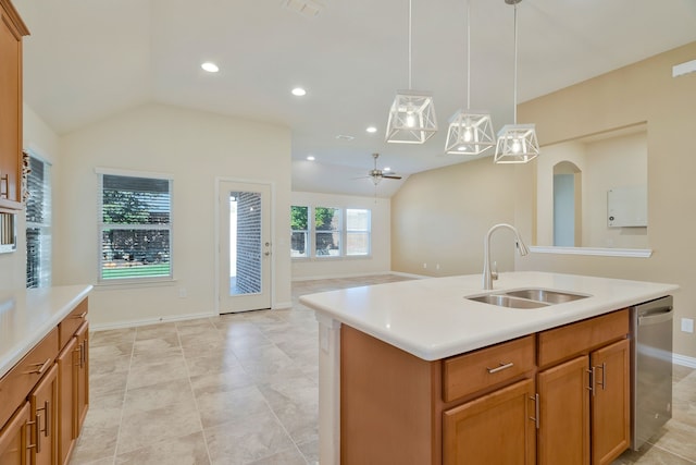 unfurnished dining area featuring lofted ceiling, a healthy amount of sunlight, and light tile patterned flooring