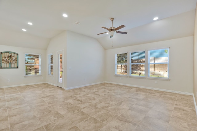 unfurnished living room with ceiling fan, light tile patterned flooring, and lofted ceiling