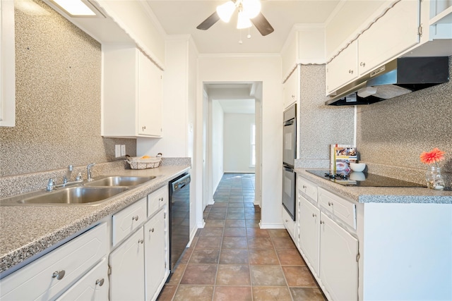 kitchen featuring white cabinetry, sink, tile patterned floors, crown molding, and black appliances