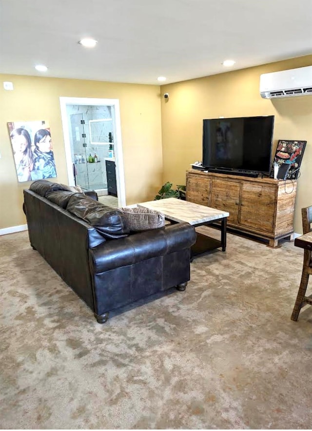 carpeted living room featuring a wall unit AC