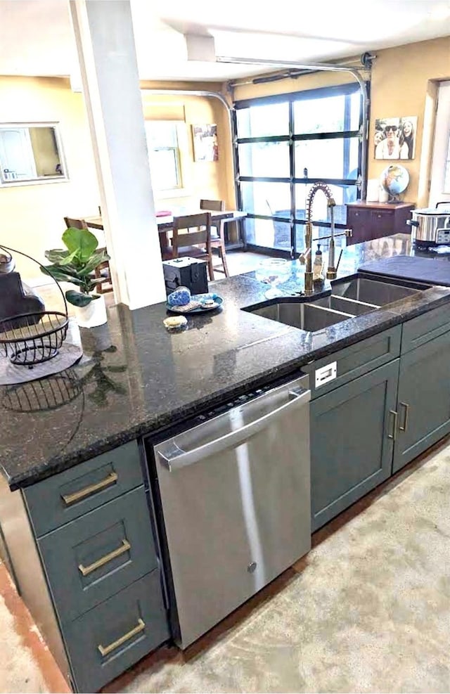 726 Lakeshore Dr, Kemp, TX 75143 - kitchen featuring dishwasher, a sink, dark stone counters, and gray cabinets