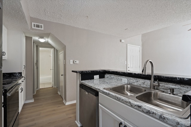 kitchen with white cabinetry, black electric range oven, stainless steel dishwasher, a textured ceiling, and light wood-type flooring