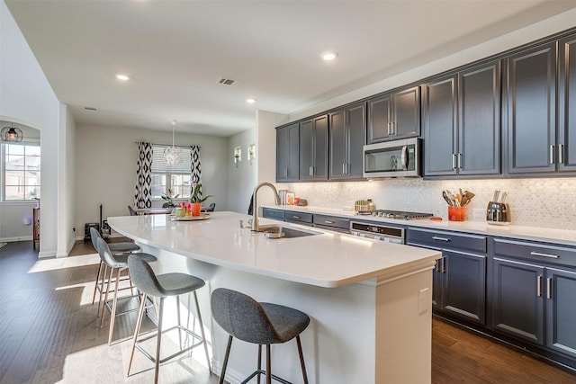 kitchen featuring dark hardwood / wood-style flooring, sink, an island with sink, and stainless steel appliances