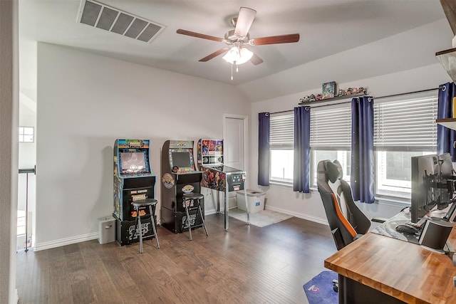 office featuring ceiling fan, dark hardwood / wood-style flooring, and vaulted ceiling