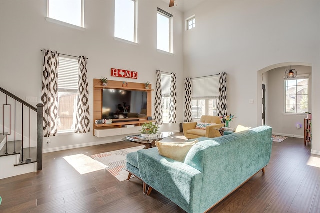 living room featuring dark hardwood / wood-style floors and a towering ceiling