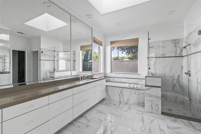 bathroom featuring a skylight, vanity, plus walk in shower, and ornamental molding