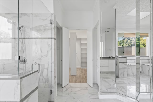 bathroom with crown molding, sink, and a shower with shower door