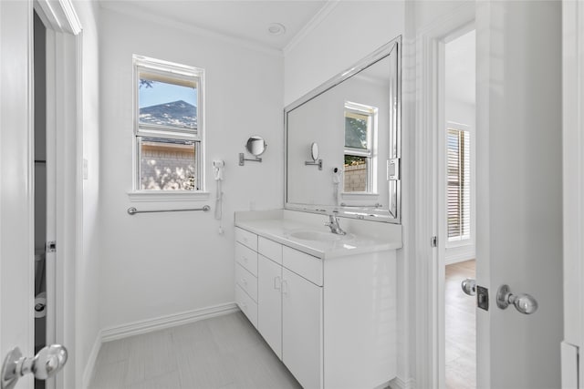 bathroom with crown molding and vanity