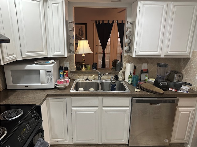 kitchen with tasteful backsplash, black electric range, stainless steel dishwasher, sink, and white cabinets