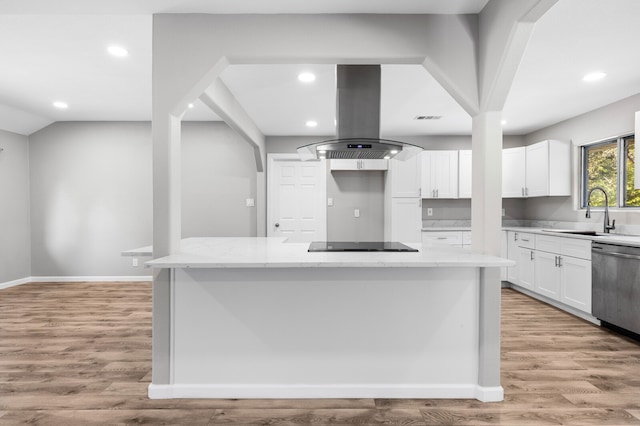 kitchen with a center island, island range hood, white cabinetry, and sink