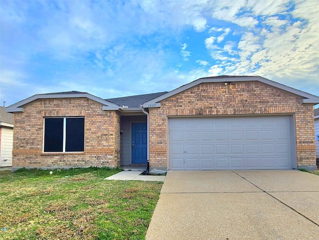 single story home with a garage and a front yard