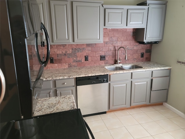 kitchen with gray cabinetry, decorative backsplash, sink, and stainless steel appliances