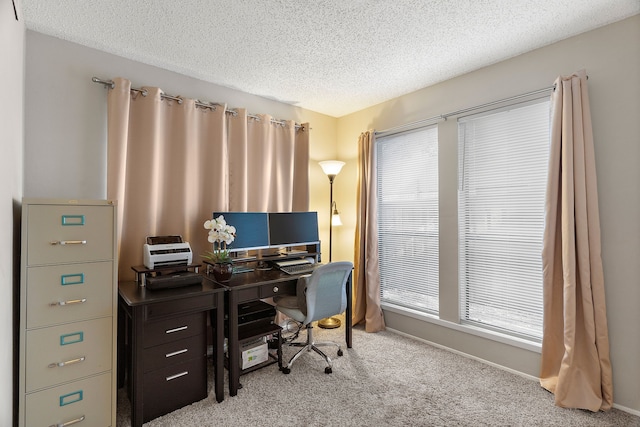 office space with light colored carpet and a textured ceiling