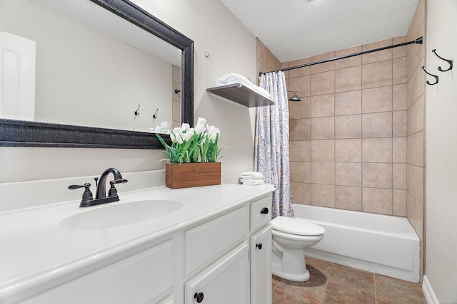 full bathroom with vanity, toilet, shower / bathtub combination with curtain, and a textured ceiling