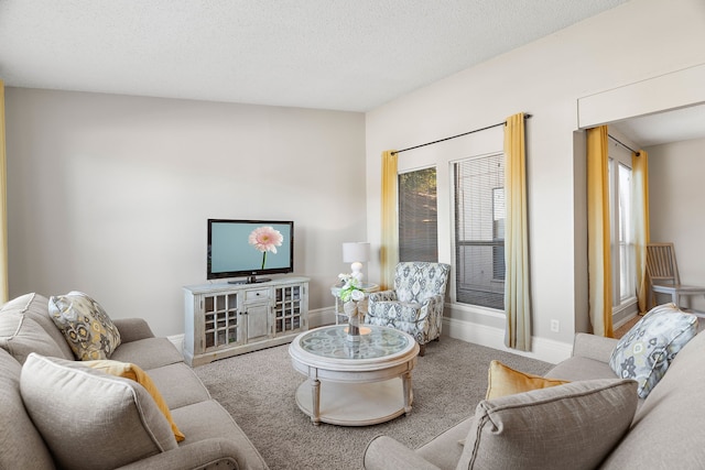 carpeted living room featuring a textured ceiling