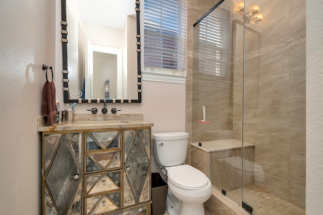 bathroom featuring vanity, toilet, and a shower with door