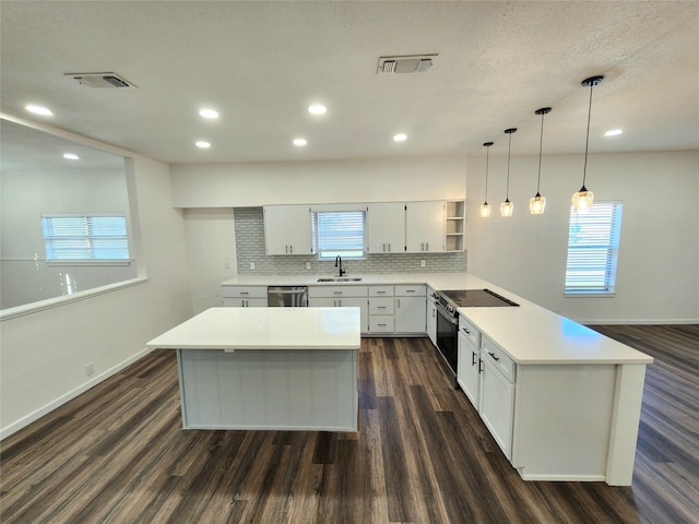 kitchen featuring a wealth of natural light, sink, dark hardwood / wood-style flooring, stainless steel dishwasher, and pendant lighting