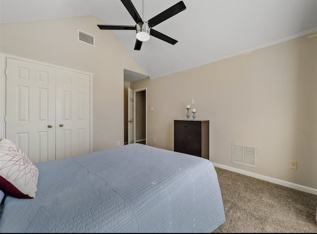 bedroom with ceiling fan, a closet, high vaulted ceiling, and light colored carpet