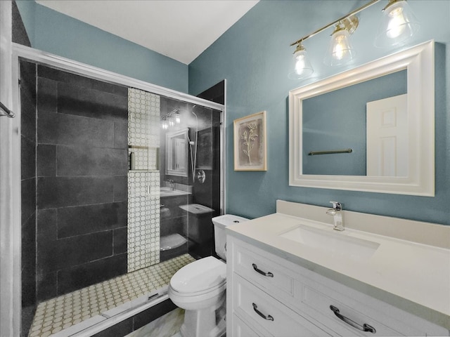 bathroom with vanity, an enclosed shower, and toilet