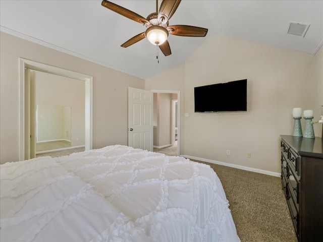 carpeted bedroom with ceiling fan and lofted ceiling